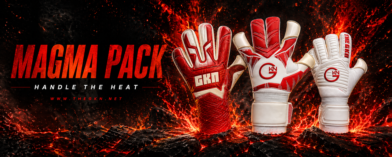 GKN Magma Pack goalkeeper gloves in red and white, showcased in a fiery lava environment, highlighting high-performance grip, durability, and precision control.