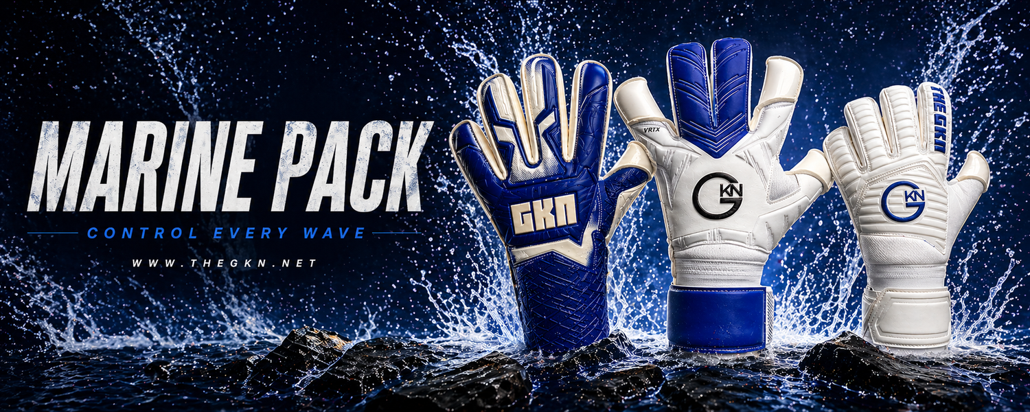 GKN Marine Pack goalkeeper gloves in blue and white, displayed against a dynamic water splash background, featuring multiple models designed for grip, control, and performance.
