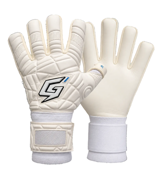 The GKN Goalkeeping Gloves ZENTA junior negative cut goalkeeper gloves in white with G+ latex palm and elastic strap.