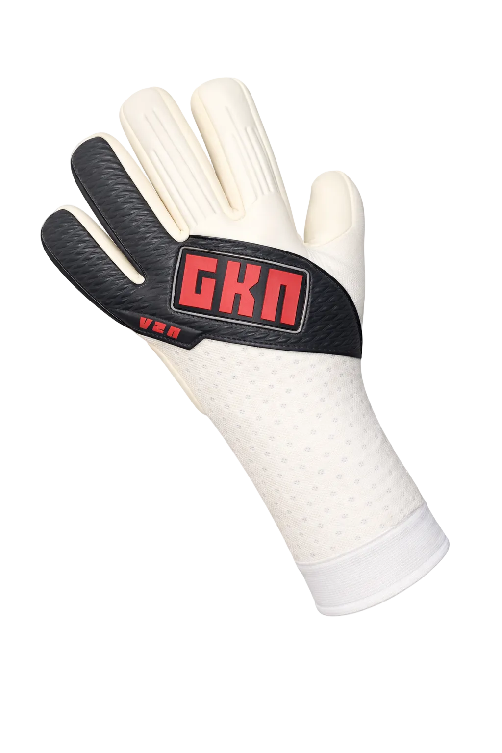 White sports glove with black wristband featuring 'GK' logo on a white background
