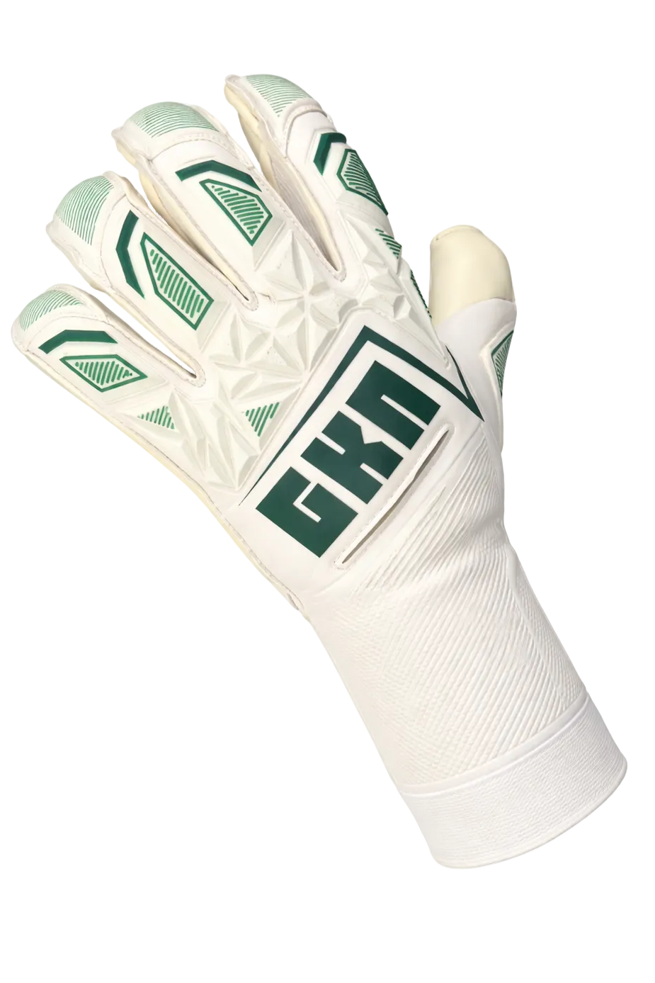 White goalkeeper glove with green accents on a white background
