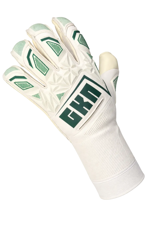 White goalkeeper glove with green accents on a white background