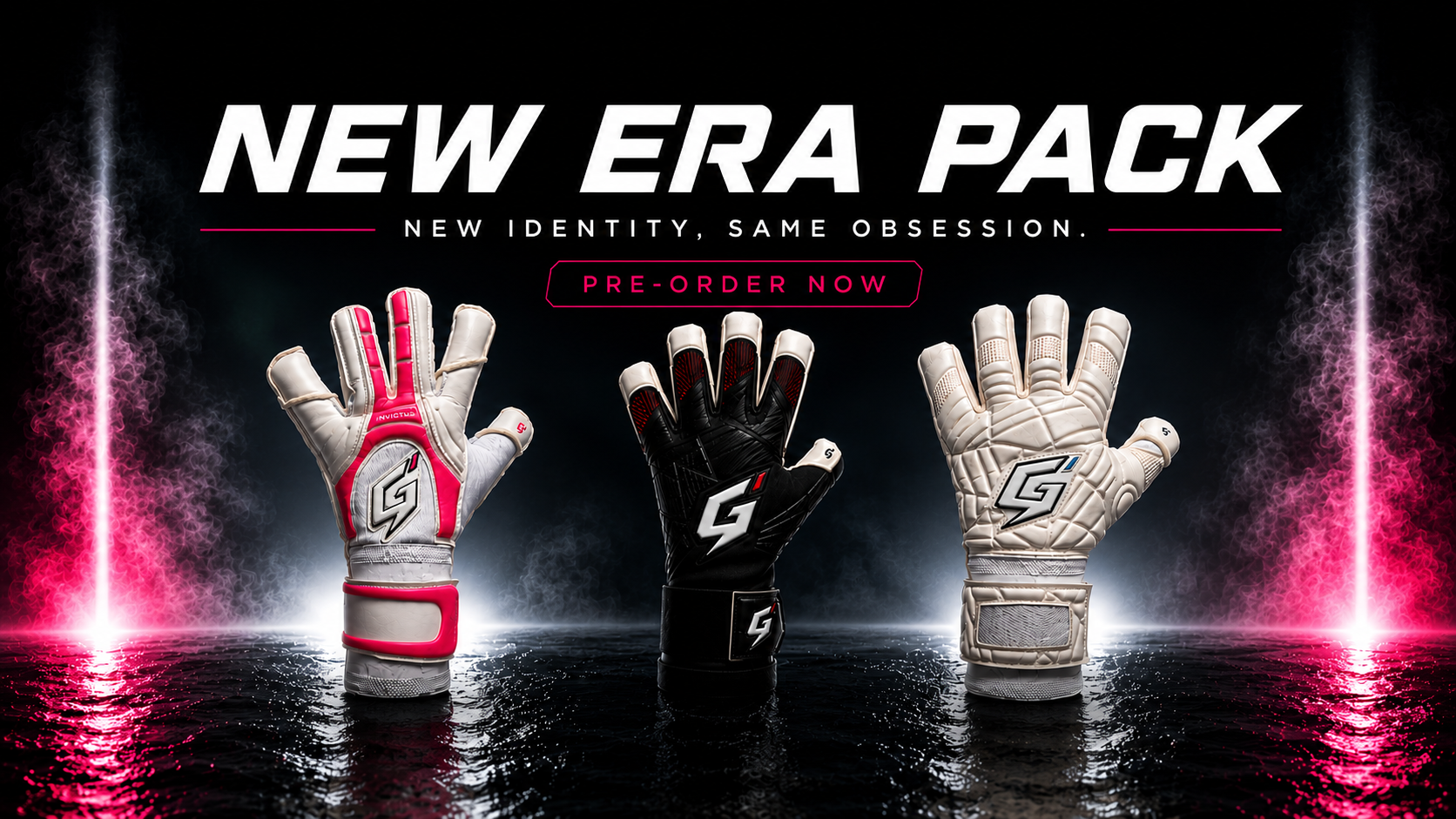 Three goalkeeper gloves displayed upright against a dramatic dark background with pink light effects and the text 'NEW ERA PACK' and 'PRE-ORDER NOW'. The gloves are shown in three colorways: white with pink accents, black with white accents, and white with gray accents.
