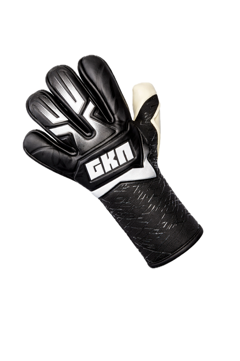 GKN IKON goalkeeper gloves backhand view with negative cut and structured latex design in white and colourway