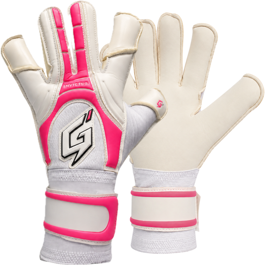 The GKN Goalkeeping Gloves INVICTUS junior hybrid cut goalkeeper gloves in white and pink with G+ latex palm