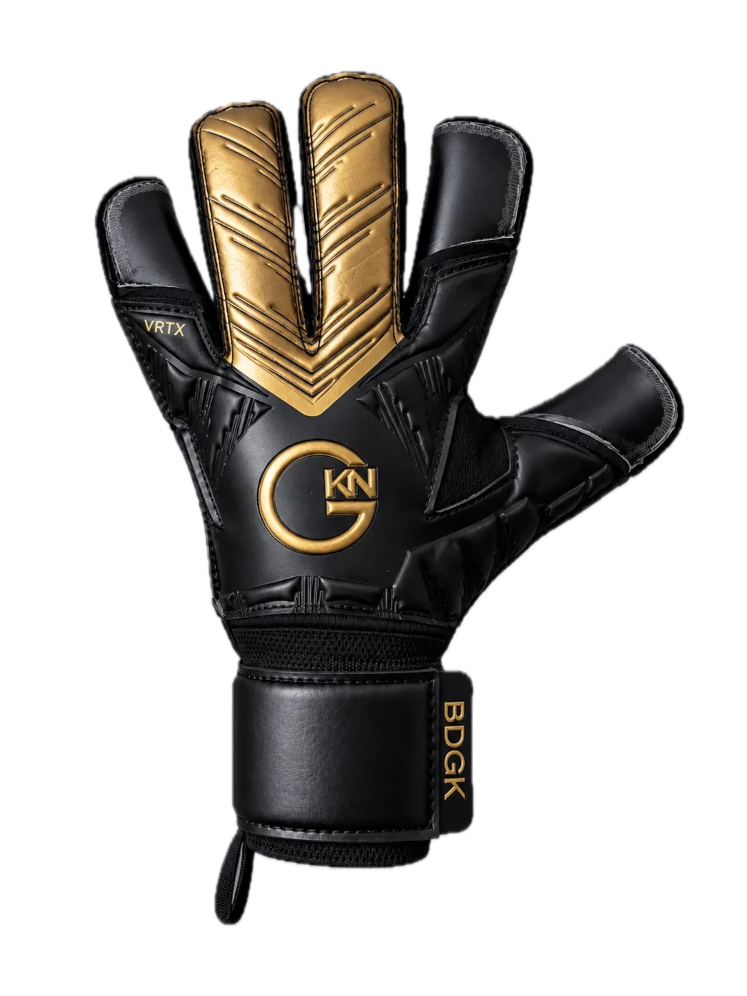 The GKN Goalkeeping Gloves BDGK VRTX hybrid goalkeeper glove in black and gold with 4mm contact latex palm.