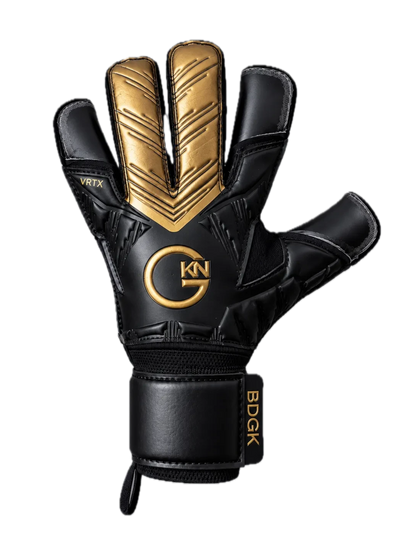 The GKN Goalkeeping Gloves BDGK VRTX hybrid goalkeeper glove in black and gold with 4mm contact latex palm.