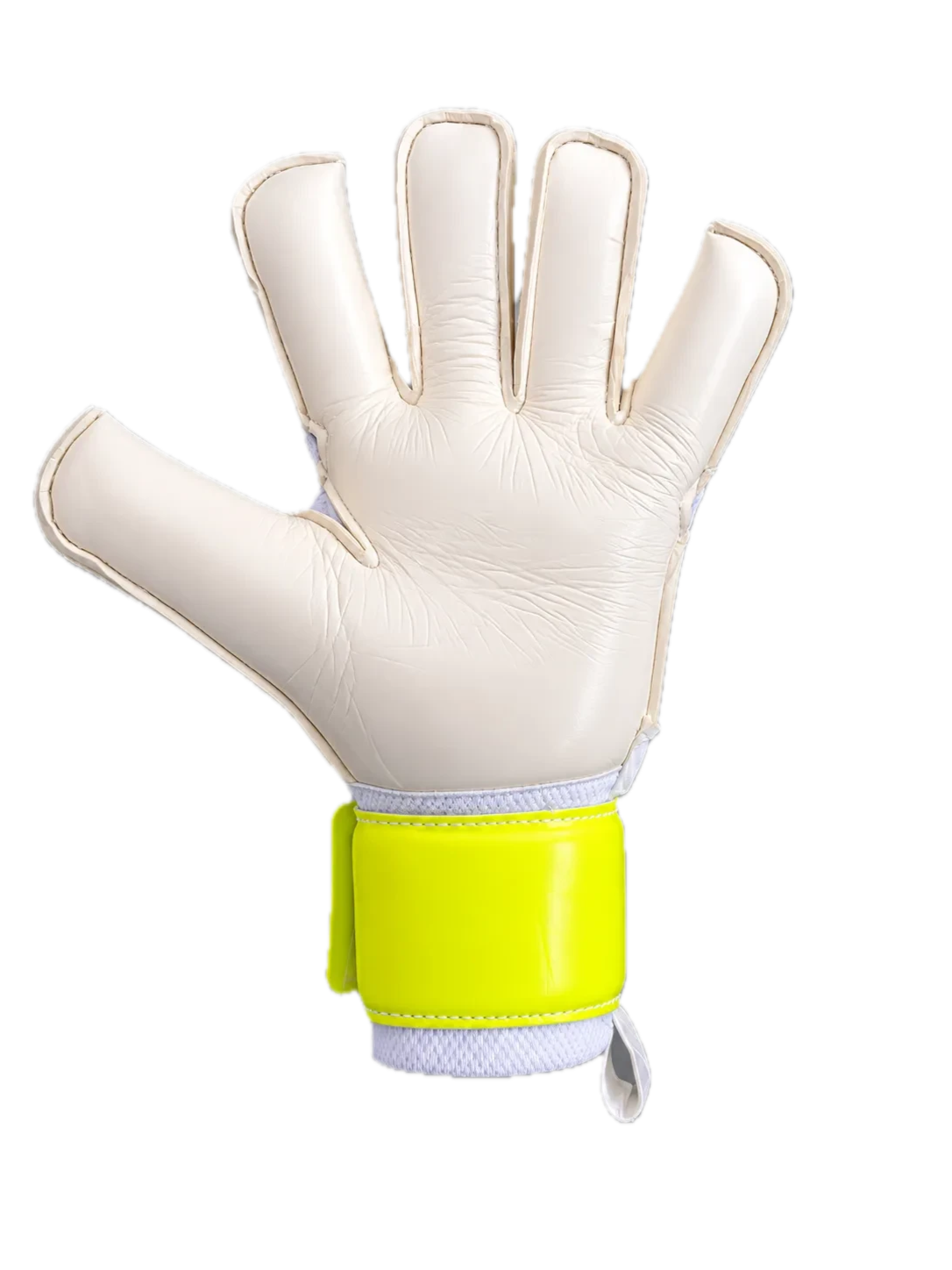The GKN Goalkeeping Gloves VRTX hybrid goalkeeper glove in white with a bright volt yellow wrist strap.