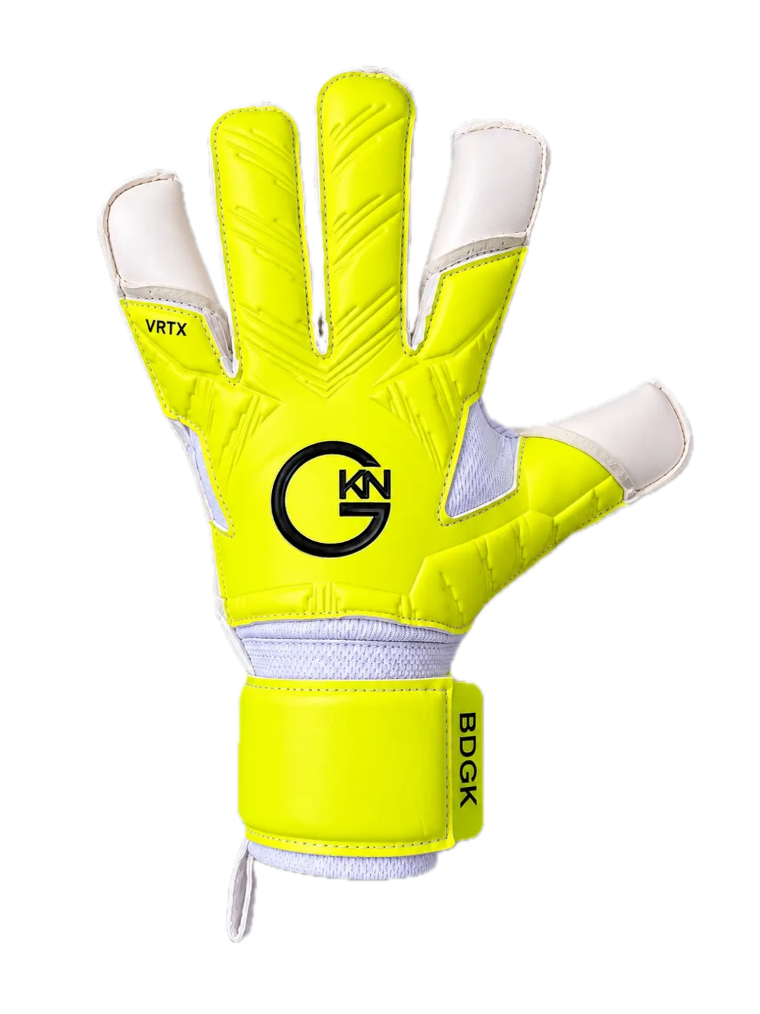 The GKN Goalkeeping Gloves BDGK VRTX hybrid goalkeeper gloves in volt yellow and white with 4mm contact latex.