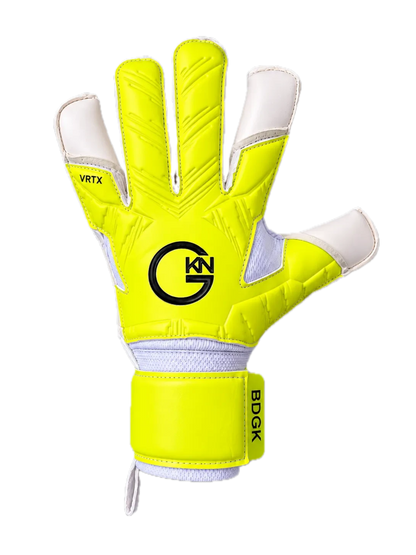 The GKN Goalkeeping Gloves BDGK VRTX hybrid goalkeeper gloves in volt yellow and white with 4mm contact latex.