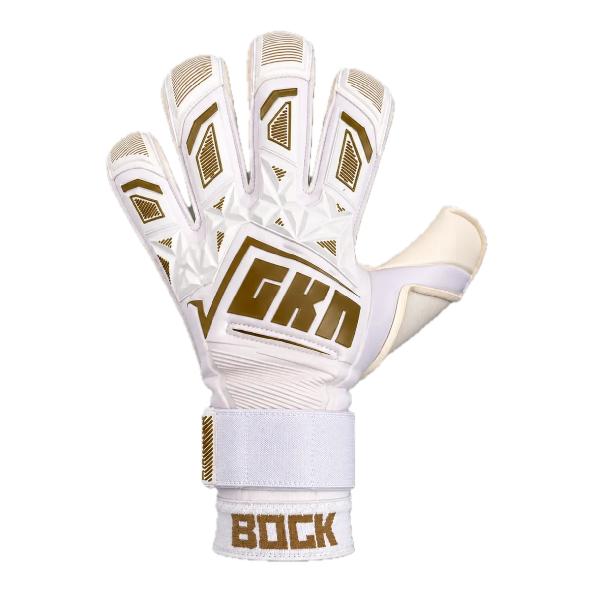The GKN Goalkeeping Gloves BDGK CTRL in white and gold with neoprene, removable fingersaves, and hybrid cut palm.