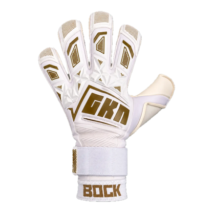 The GKN Goalkeeping Gloves BDGK CTRL in white and gold with neoprene, removable fingersaves, and hybrid cut palm.