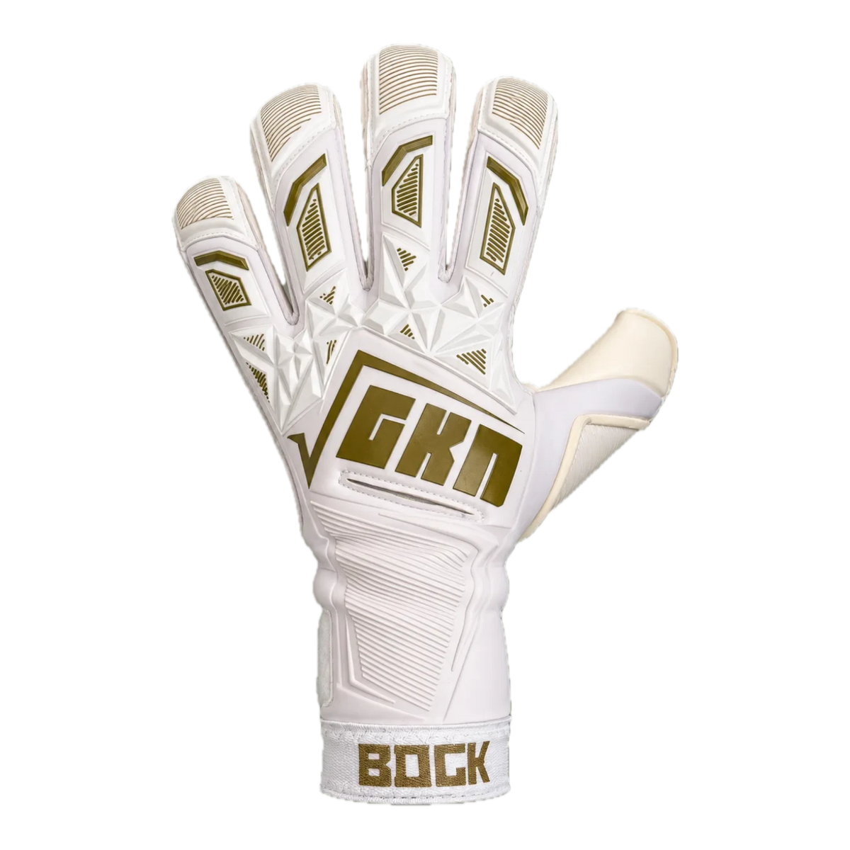 The GKN Goalkeeping Gloves BDGK CTRL white and gold goalkeeper gloves with neoprene and hybrid cut palm