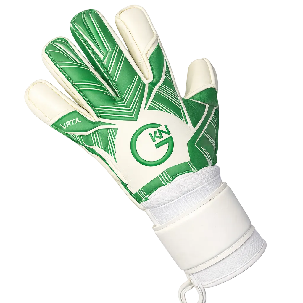 Green and white soccer goalkeeper glove on a white background