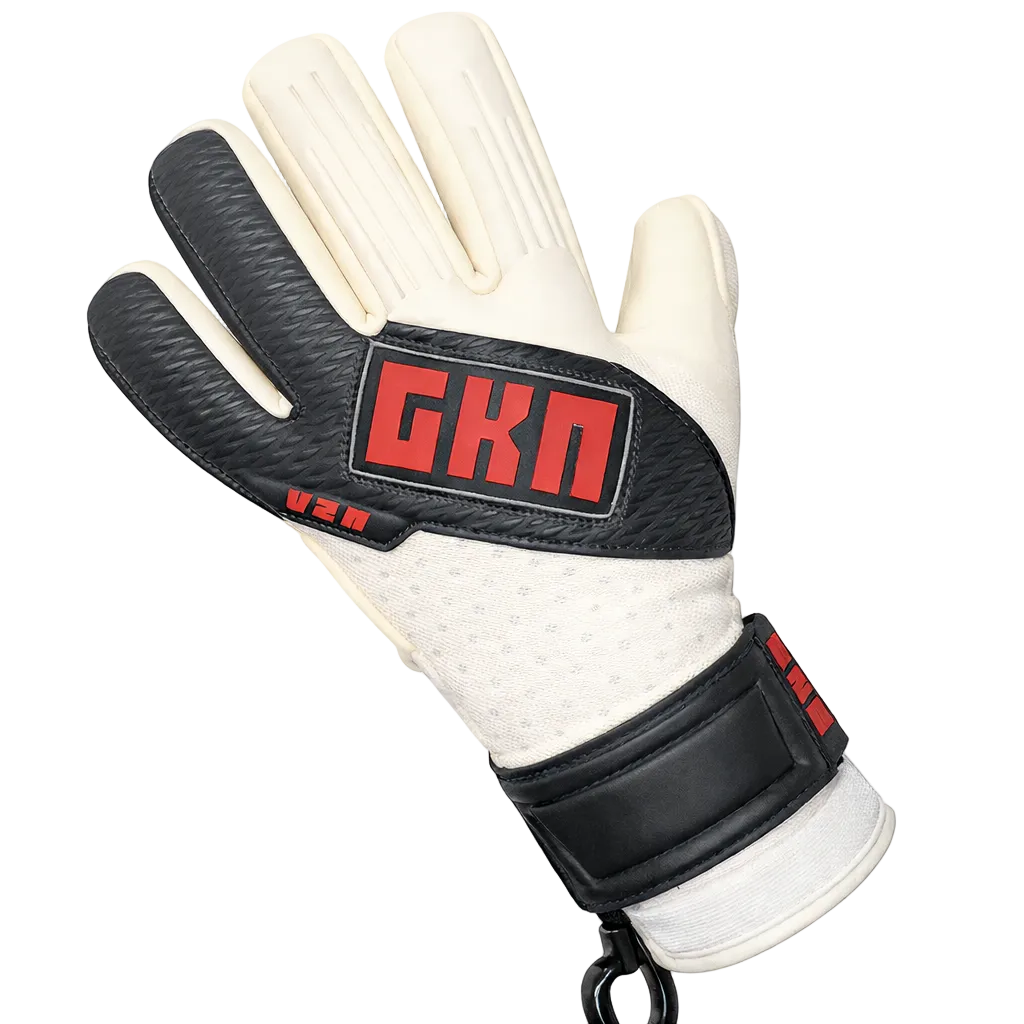 White goalkeeper glove with black wristband and red 'GKN' logo on a white background